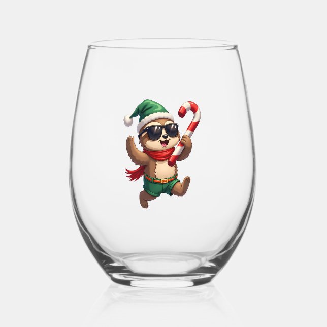 Christmas Sloth Elf Peppermint Candy Cane Shirt Gi Stemless Wine Glass (Front)