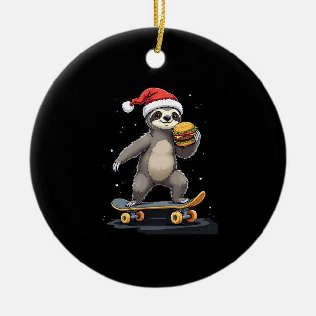 CHRISTMAS SLOTH Funny Christmas Skateboard Sloth Ceramic Ornament (Front)