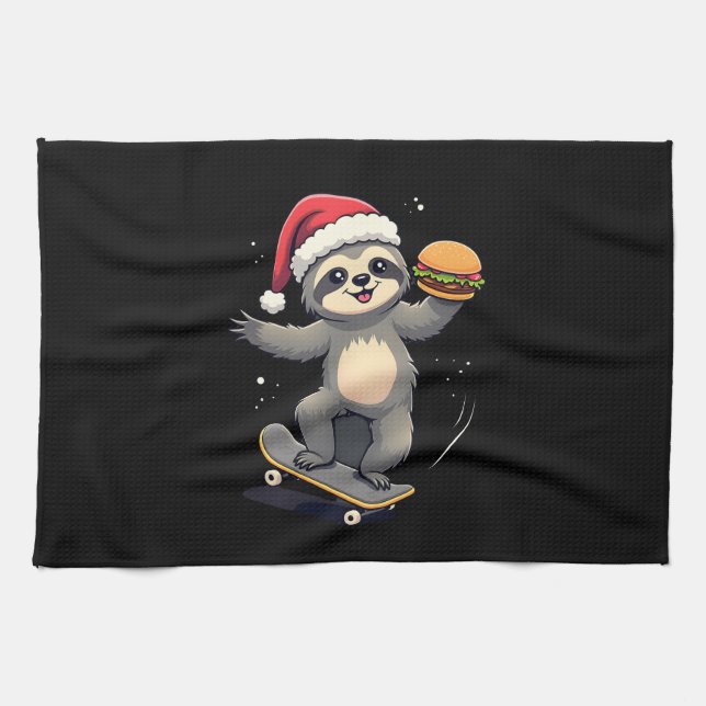 CHRISTMAS SLOTH Funny Christmas Skateboard Sloth ( Kitchen Towel (Horizontal)