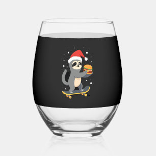 CHRISTMAS SLOTH Funny Christmas Skateboard Sloth ( Stemless Wine Glass