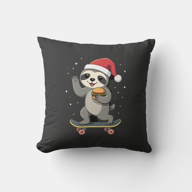 CHRISTMAS SLOTH Funny Christmas Skateboard Sloth ( Throw Pillow (Front)