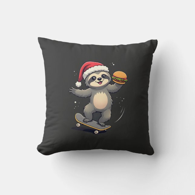 CHRISTMAS SLOTH Funny Christmas Skateboard Sloth ( Throw Pillow (Front)