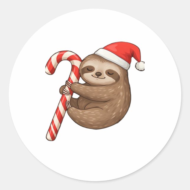 Christmas Sloth Hugging Candy Cane Classic T-Shirt Classic Round Sticker (Front)