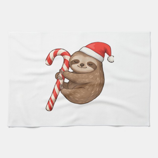 Christmas Sloth Hugging Candy Cane Classic T-Shirt Kitchen Towel (Horizontal)