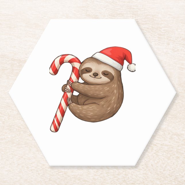 Christmas Sloth Hugging Candy Cane Classic T-Shirt Paper Coaster (Front)