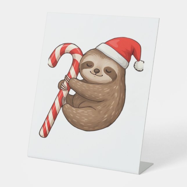Christmas Sloth Hugging Candy Cane Classic T-Shirt Pedestal Sign (Front)