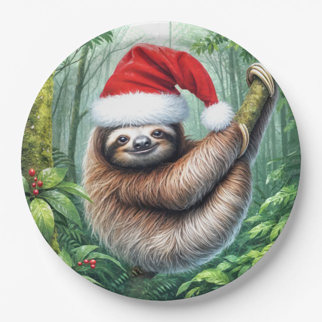 Christmas Sloth In Rainforest Paper Plate (Front)
