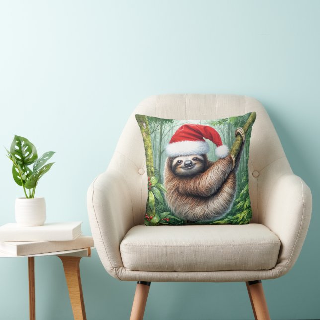 Christmas Sloth In Rainforest Throw Pillow (Chair)