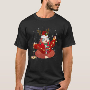 Christmas Sloth Reindeer Antlers Santa Hat Lights T-Shirt