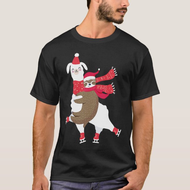 Christmas Sloth Riding Llama Ice Skating Alpaca T-Shirt (Front)