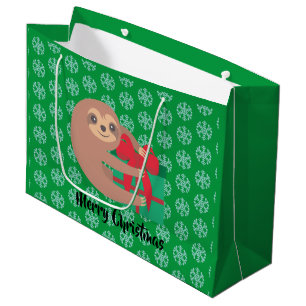 Christmas Sloth with Gift Green Snowflake Large Gift Bag