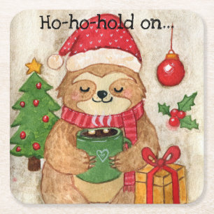 Christmas sloth with hot cocoa square paper coaster
