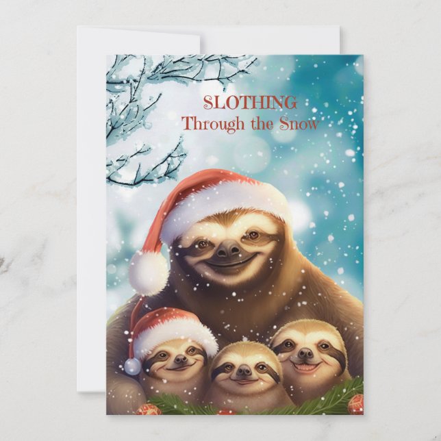 Christmas Sloth with Sloth Babies in Snow Holiday Card (Front)