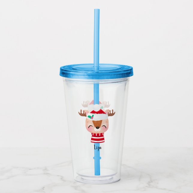 Christmas Smiling Reindeer Face Acrylic Tumbler (Front)