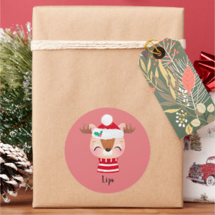 Christmas Smiling Reindeer Face Classic Round Sticker