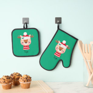Christmas Smiling Reindeer Face Oven Mitt & Pot Holder Set