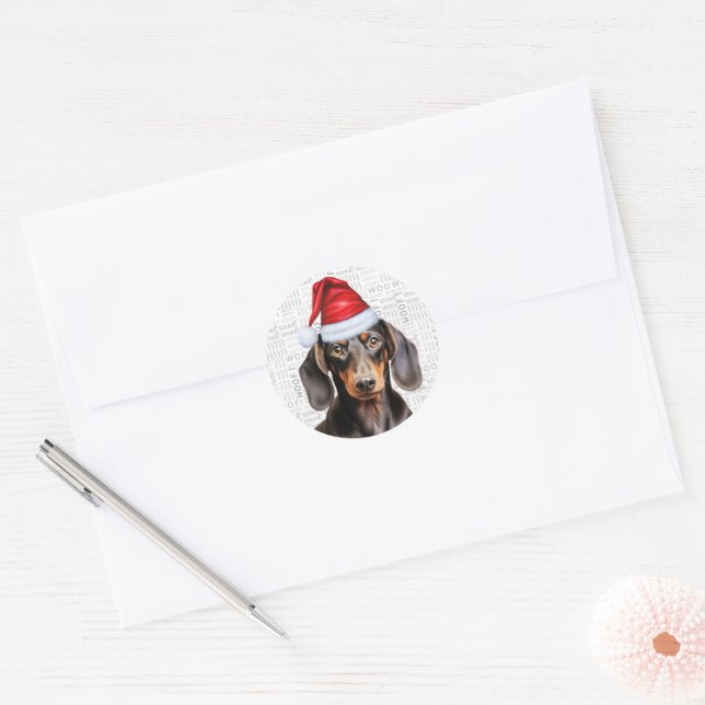 Christmas Smooth Dachshund Dog and Woof Art Classic Round Sticker (Envelope)