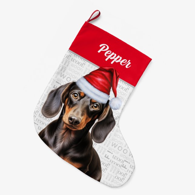 Christmas Smooth Dachshund Santa with Dog's Name Large Christmas Stocking (Front (Hanging))