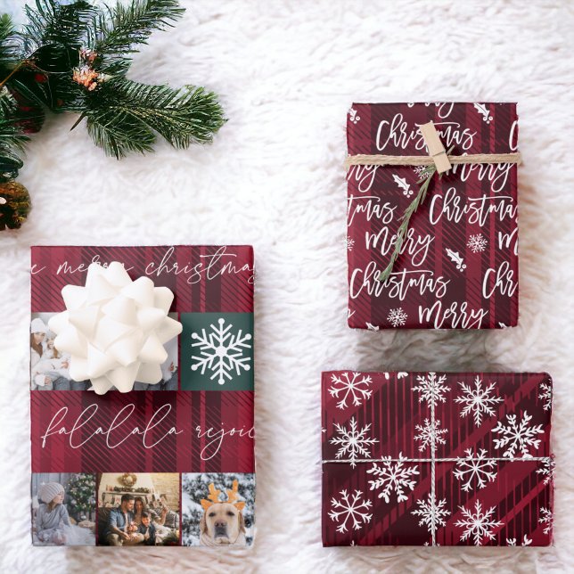 Christmas snow 8 photos grid collage red plaid wrapping paper sheet (Christmas snow 8 photos grid collage red plaid wrapping paper sheets)