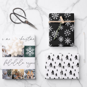 Christmas snow 8 photos grid pine black white wrapping paper sheet