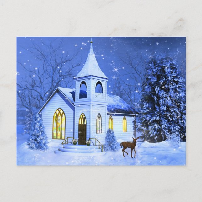 Christmas, Snow and Church Holiday Postcard (Front)