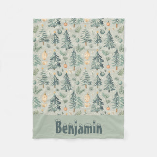 Christmas Snow and Trees moss green with name Fleece Blanket