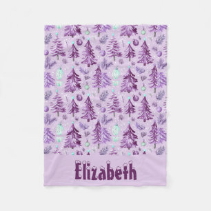 Christmas Snow and Trees purple & pink with name Fleece Blanket