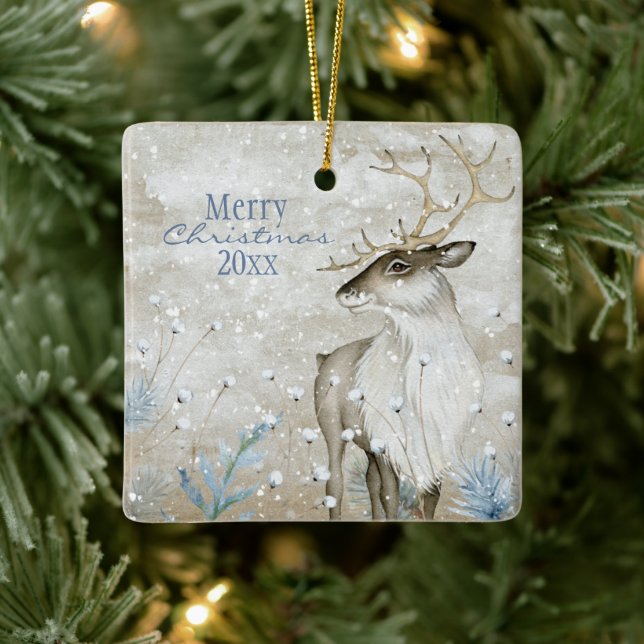 Christmas Snow Animal Deer Typography Personalize Ceramic Ornament (Tree)