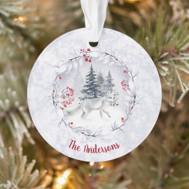 Christmas Snow Arctic Fox Winter Scenery Name Ornament (Tree)