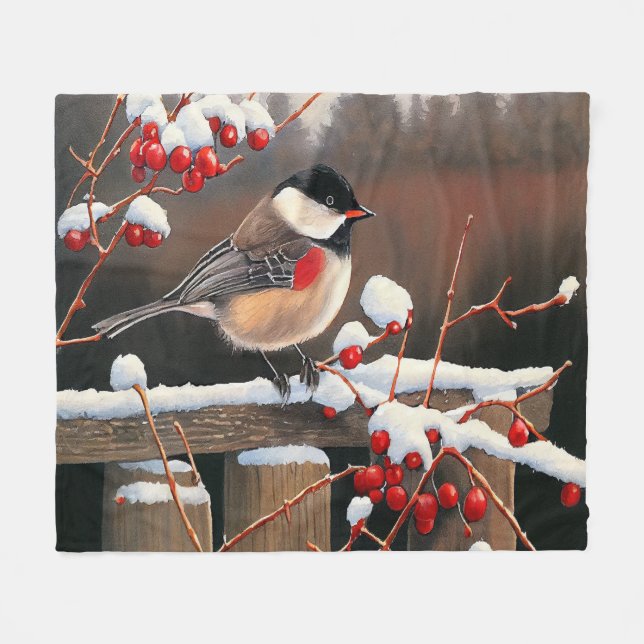   Christmas Snow Black Cap Chickadee Red Berries Fleece Blanket (Front (Horizontal))