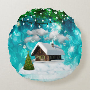Christmas Snow Cottage & Lights Turquoise Bokeh Round Pillow