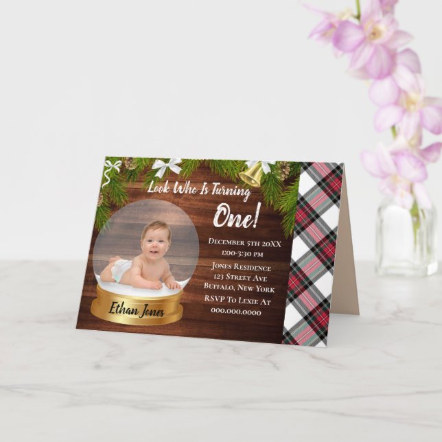 Christmas Snow Globe Add Photo 1St Birthday Party  Card (Orchid)