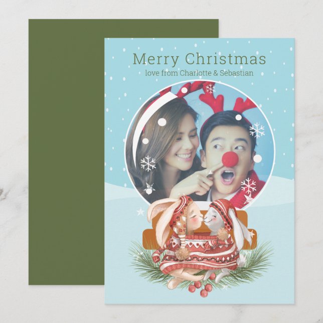 Christmas Snow Globe And Rabbit Couple Photo Card (Front/Back)