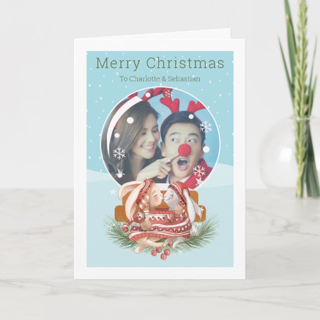 Christmas Snow Globe And Rabbit Couple Photo Card (Front)