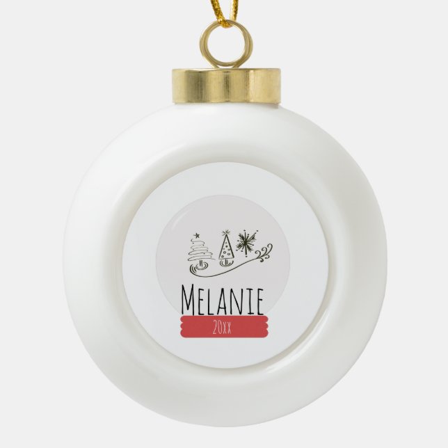 Christmas Snow Globe and Tree Doodle Ceramic Ball Christmas Ornament (Front)