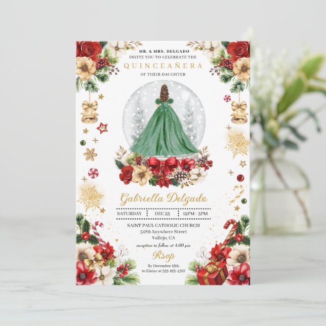Christmas Snow Globe Princess Winter Quinceañera Invitation (Standing Front)