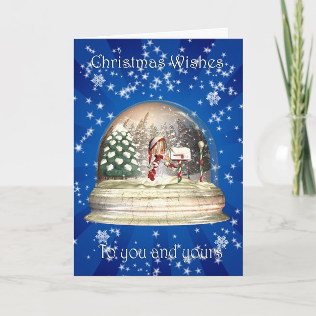 Christmas Snow Globe with little elf and mail box Holiday Card (Front)
