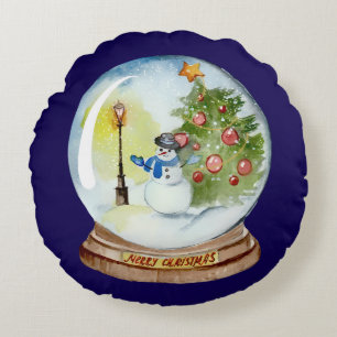 Christmas Snow Globe with Snowman & Tree Round Pillow