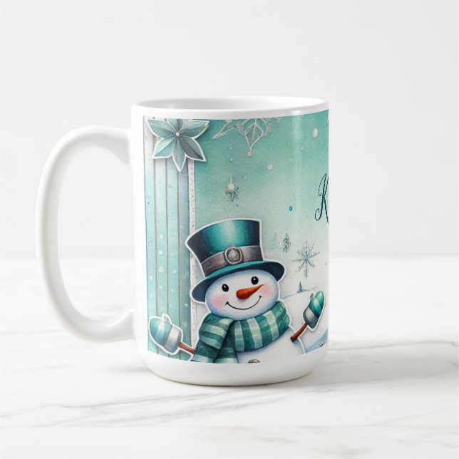 Christmas: snow man turquoise coffee mug (Left)