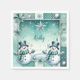 Christmas: snow man turquoise napkin