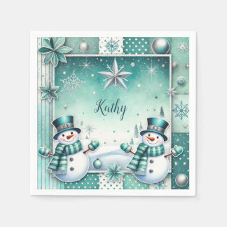 Christmas: snow man turquoise napkin