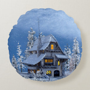 Christmas Snow on Gingerbread House Round Pillow