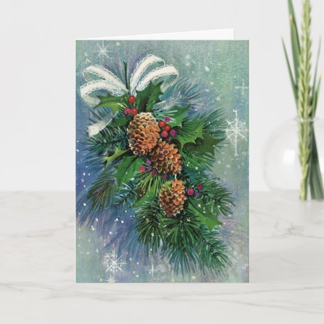 Christmas Snow & Pine Cones Mid-century Card (Front)