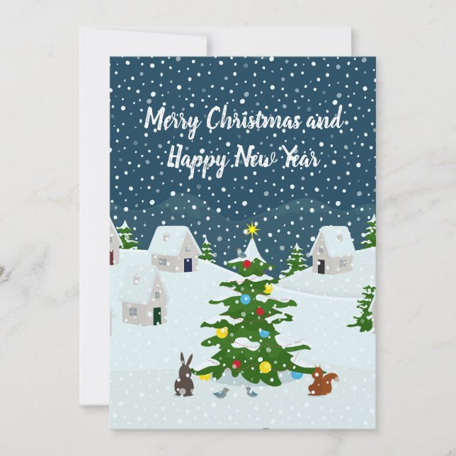 Christmas snow village with christmas tree  holiday card (Front)