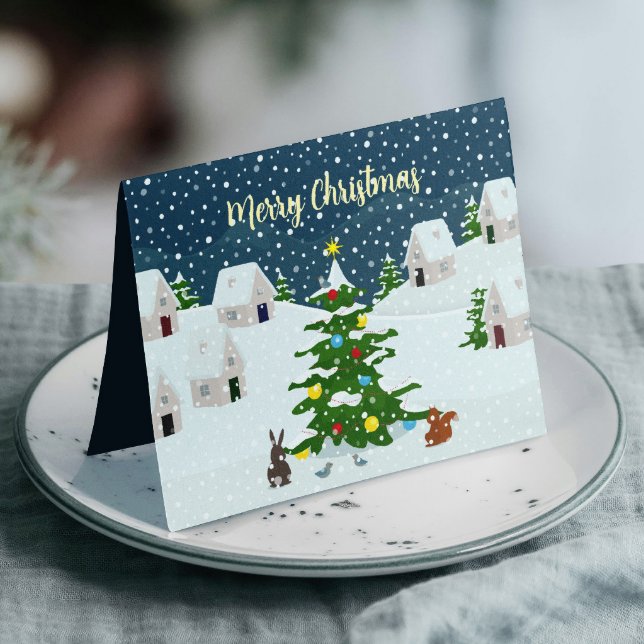 Christmas snow village with cute animals announcement (Christmas snow village with cute animals custom card, personalize it with your photo and text.)