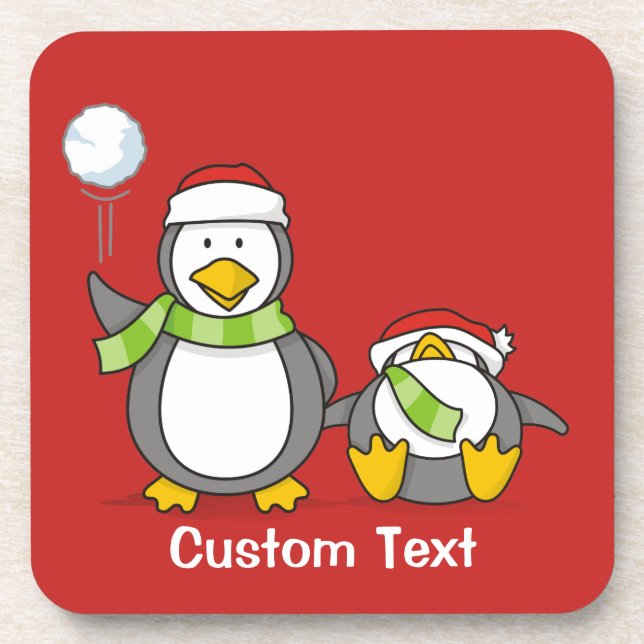 Christmas Snowballing penguins Coaster (Front)