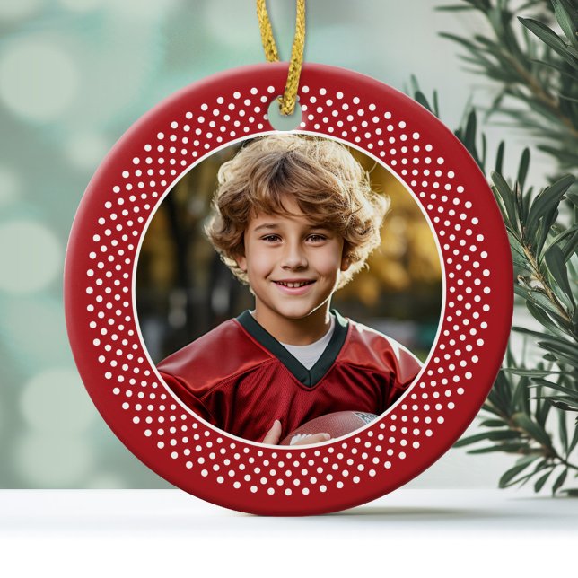 Christmas Snowflake: Double-Sided Photo Ceramic Ornament (Photo ornament in a polka dot frame with a modern holiday design on the back)