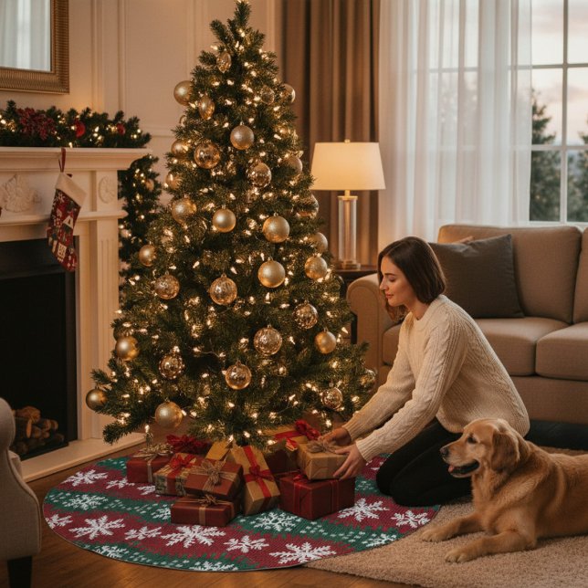 Christmas Snowflake Faux Knitted Red Green Pattern Brushed Polyester Tree Skirt (Creator Uploaded)
