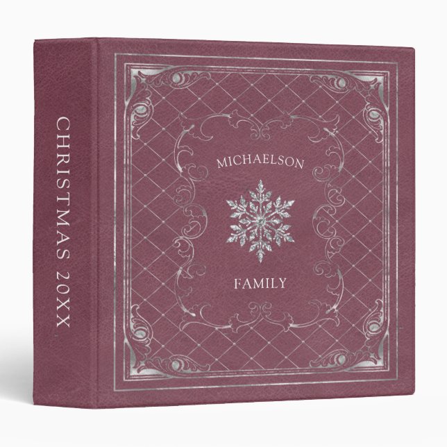 Christmas Snowflake Monogram Burgundy Leather Binder (Front/Spine)