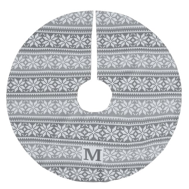 Christmas Snowflake Monogram Grey Knit Sweater Brushed Polyester Tree Skirt (Front)
